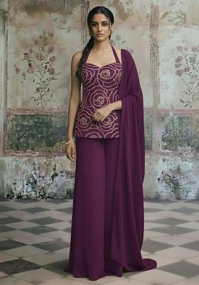 Deep Purple Embroidered Crepe Sharara Set