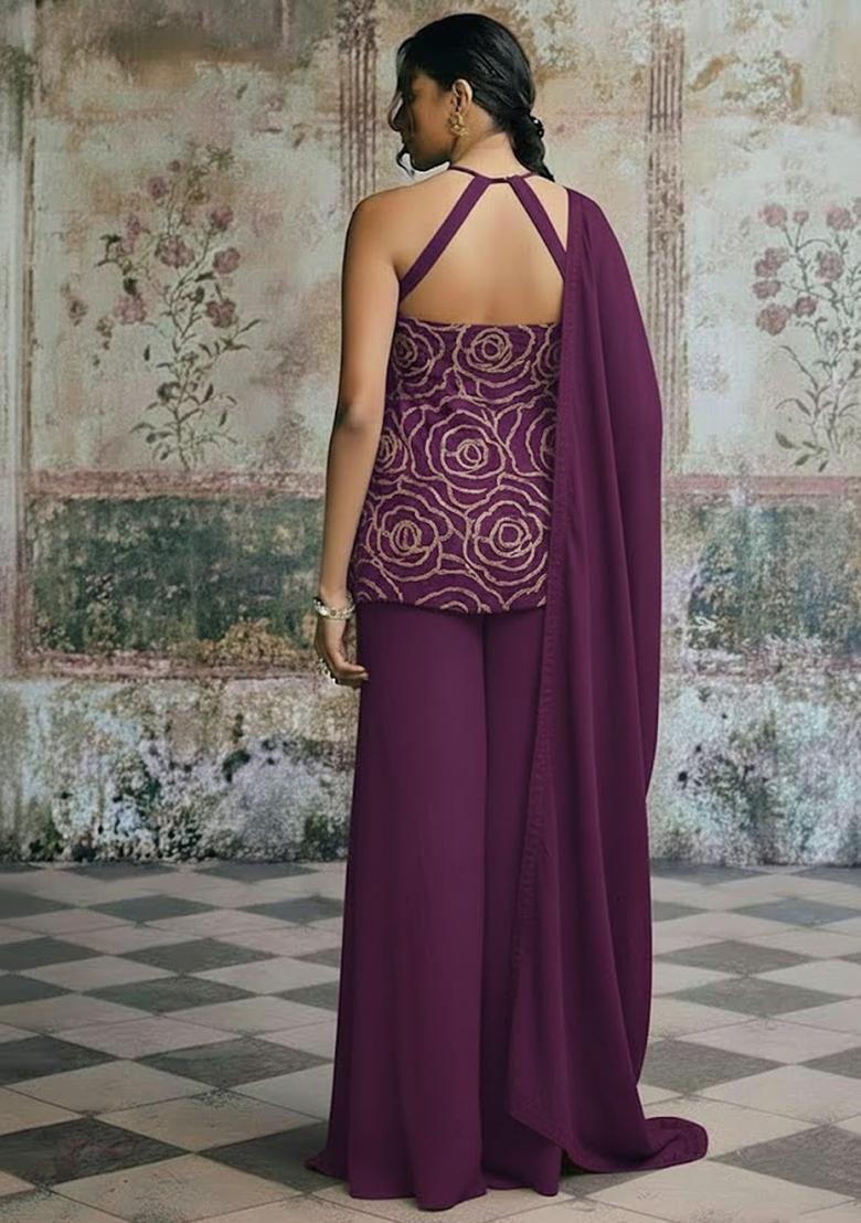 Deep Purple Embroidered Crepe Sharara Set - Indya