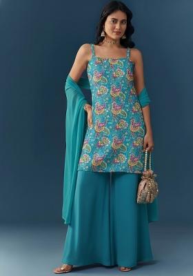 Aqua Blue Printed Crepe Sharara Set