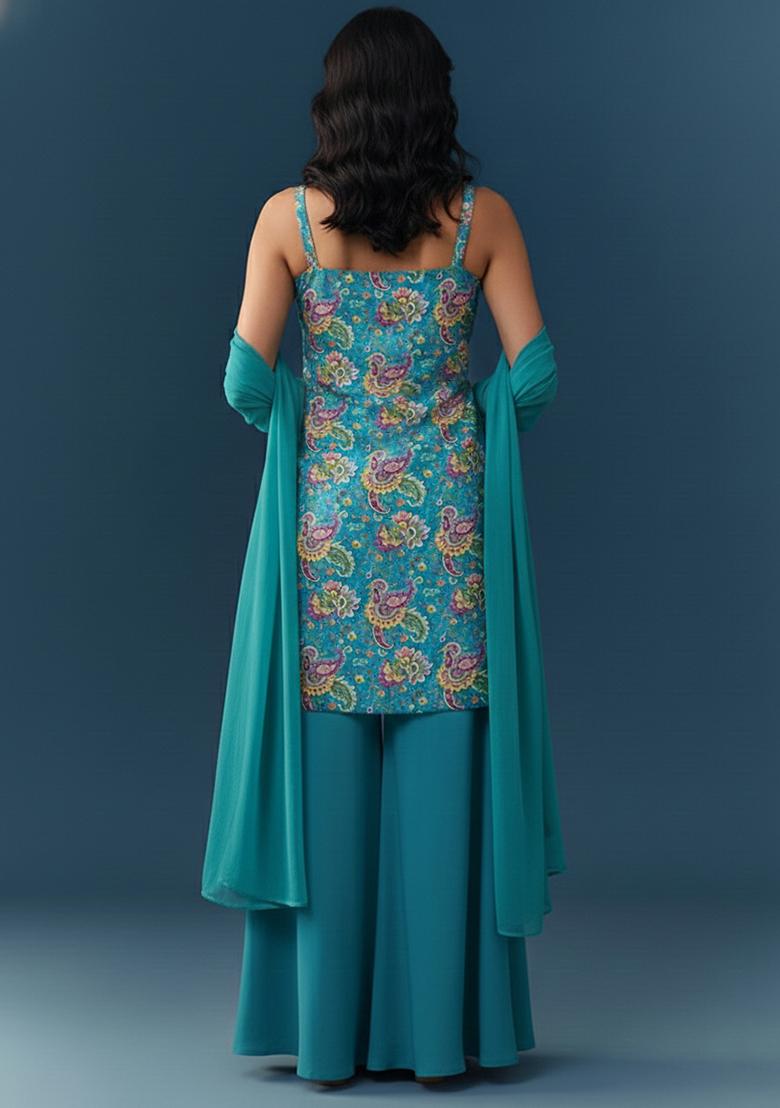 Aqua Blue Printed Crepe Sharara Set - Indya