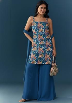 Blue Printed Crepe Sharara Set