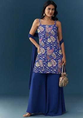 Royal Blue Printed Crepe Sharara Set