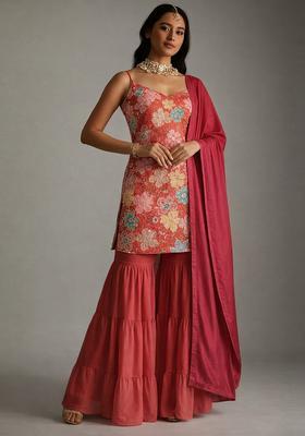 Coral Red Embroidery Crepe Sharara set