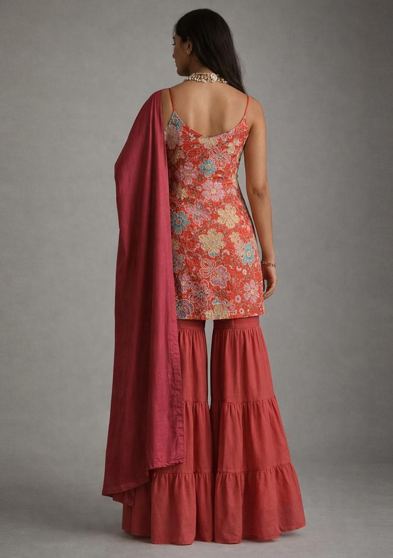 Coral Red Embroidery Crepe Sharara set - Indya