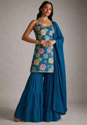 Blue Embroidery Crepe Sharara set