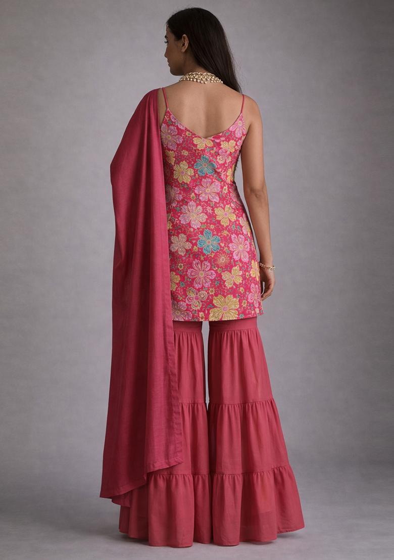 Pink Embroidery Crepe Sharara set - Indya