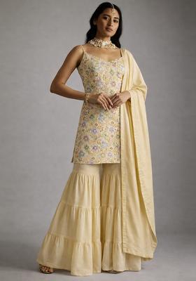 Pastel Yellow Embroidery Crepe Sharara set