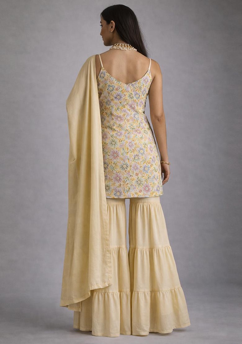 Pastel Yellow Embroidery Crepe Sharara set - Indya