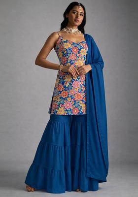 Royal Blue Embroidery Crepe Sharara set