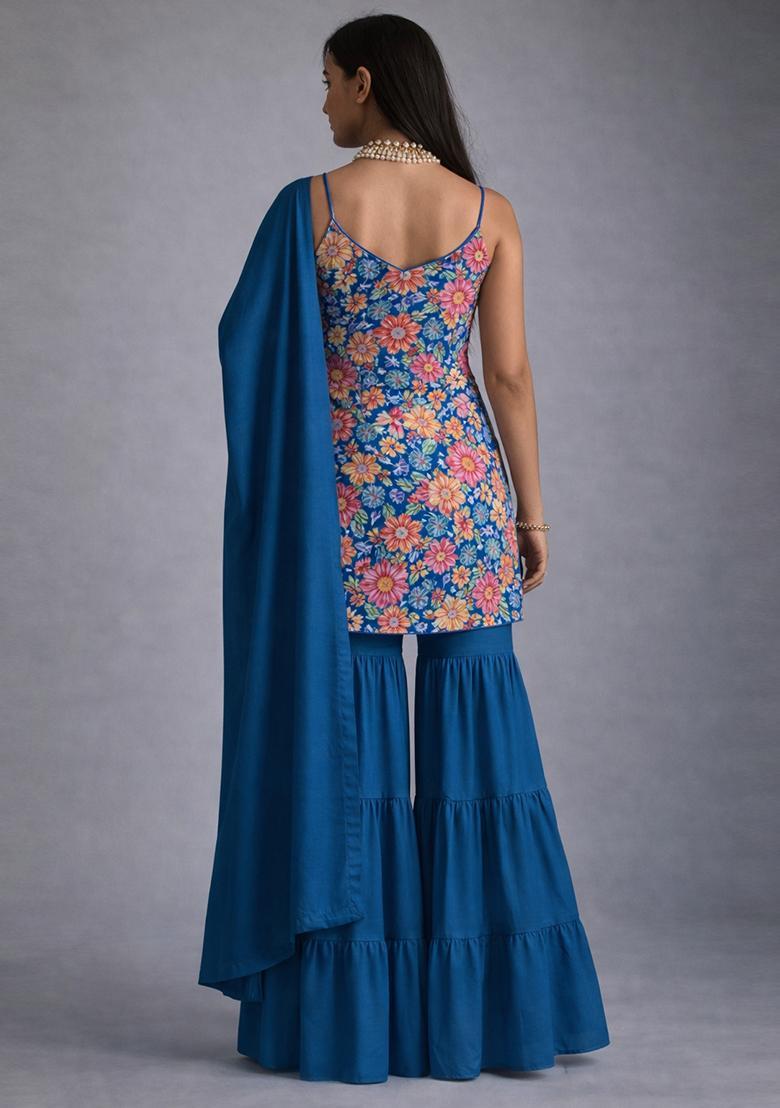 Royal Blue Embroidery Crepe Sharara set - Indya
