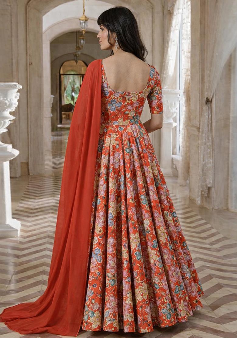 Red Embroidery Crepe Anarkali - Indya