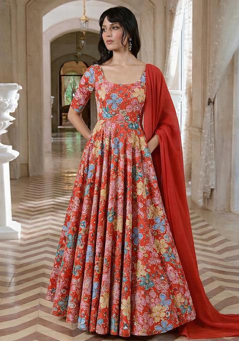 Red Embroidery Crepe Anarkali