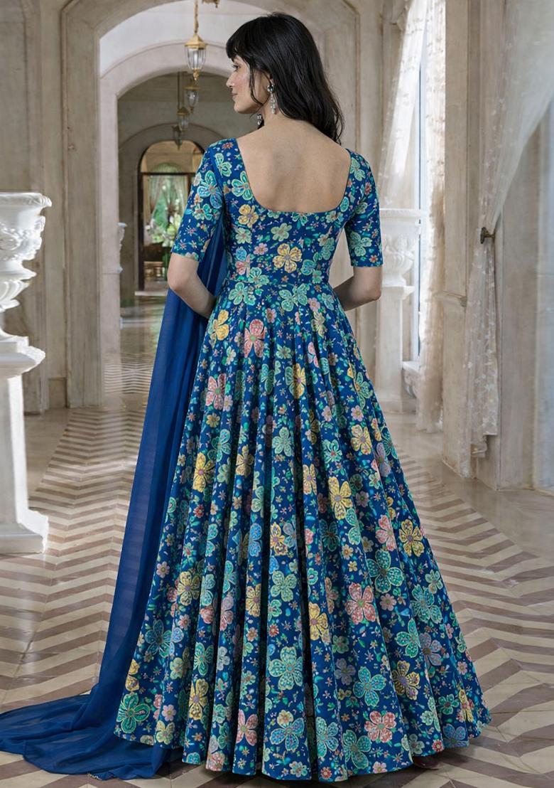 Royal Blue Embroidery Crepe Anarkali - Indya