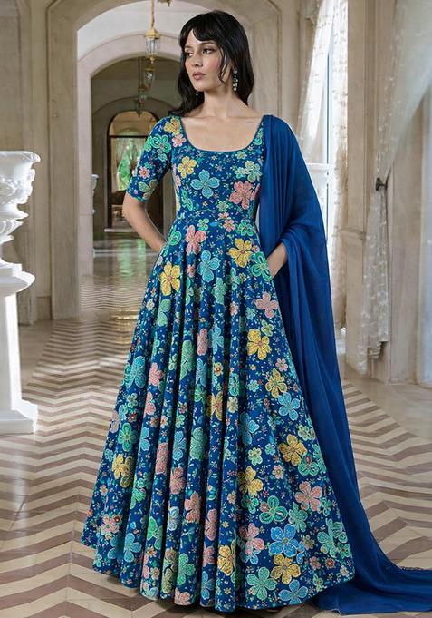 Royal Blue Embroidery Crepe Anarkali