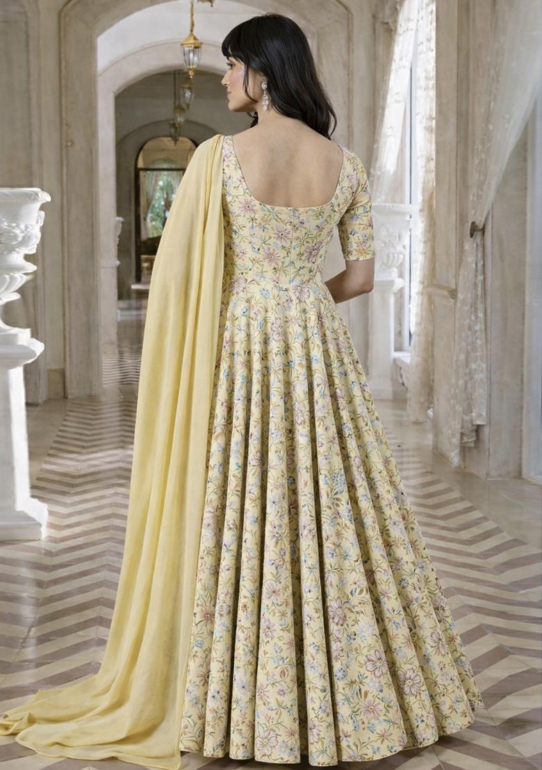 Pastel Yellow Embroidery Crepe Anarkali - Indya