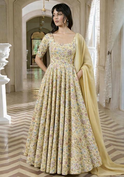 Pastel Yellow Embroidery Crepe Anarkali