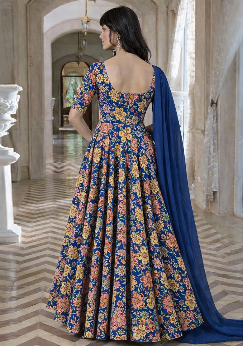 Royal Blue Embroidery Crepe Anarkali - Indya