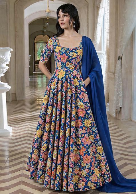 Royal Blue Embroidery Crepe Anarkali