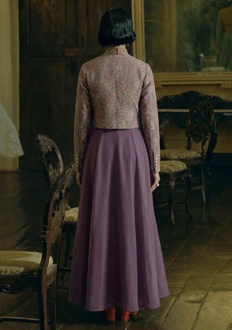 Dusty Purple Printed Jacquard Anarkali Set - Indya