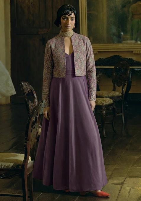 Dusty Purple Printed Jacquard Anarkali Set