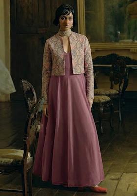 Dusty Mauve Printed Jacquard Anarkali Set