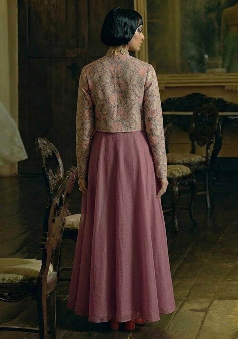 Dusty Mauve Printed Jacquard Anarkali Set - Indya