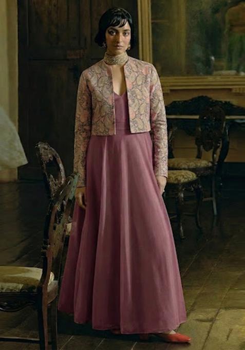 Dusty Mauve Printed Jacquard Anarkali Set