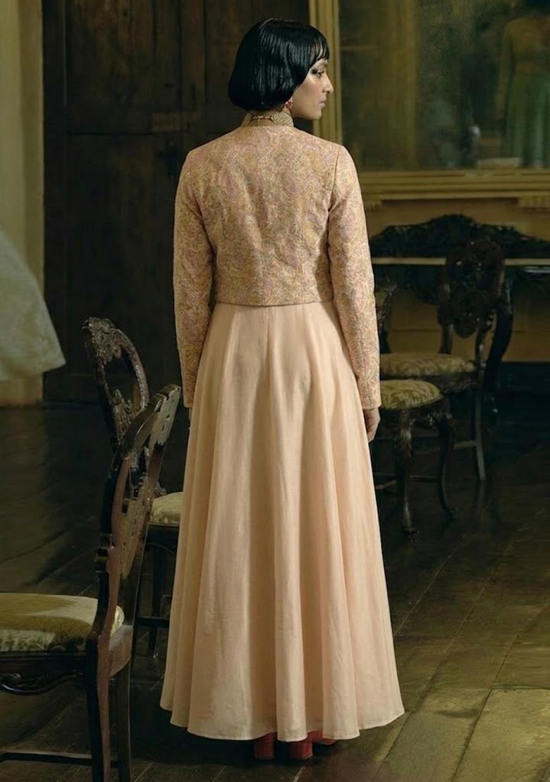 Beige Printed Jacquard Anarkali Set - Indya