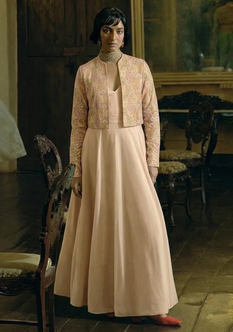 Beige Printed Jacquard Anarkali Set