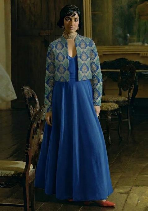 Blue Printed Jacquard Anarkali Set