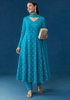 Aqua Blue Embroidery Orgenza Anarkali Set