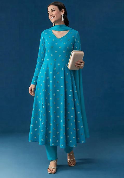 Aqua Blue Embroidery Orgenza Anarkali Set