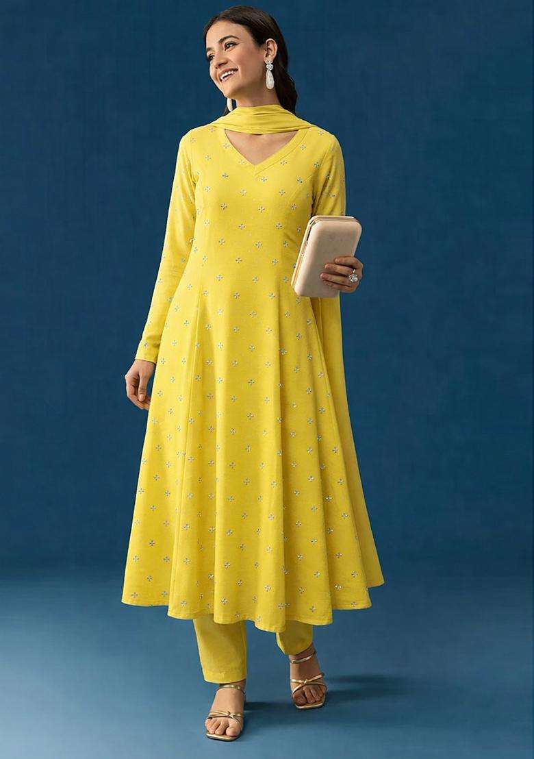 Lemon Yellow Embroidery Orgenza Anarkali Set - Indya