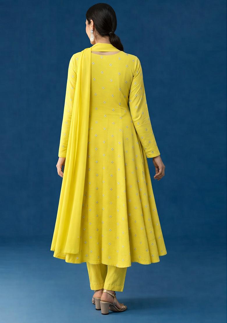 Lemon Yellow Embroidery Orgenza Anarkali Set - Indya