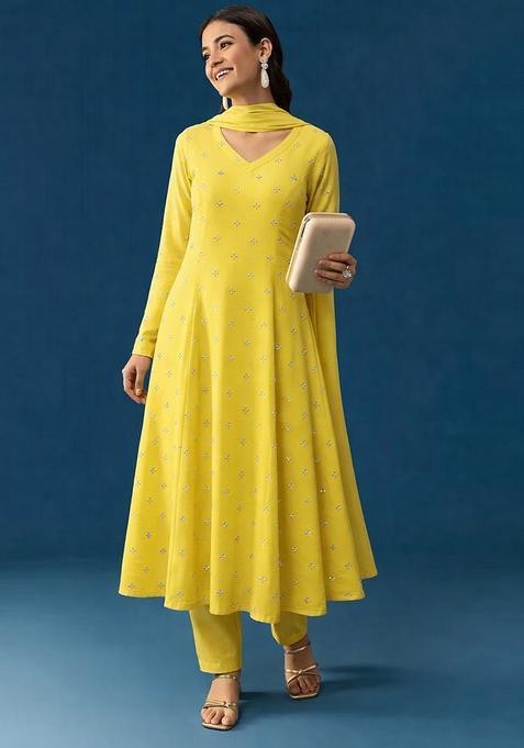 Lemon Yellow Embroidery Orgenza Anarkali Set