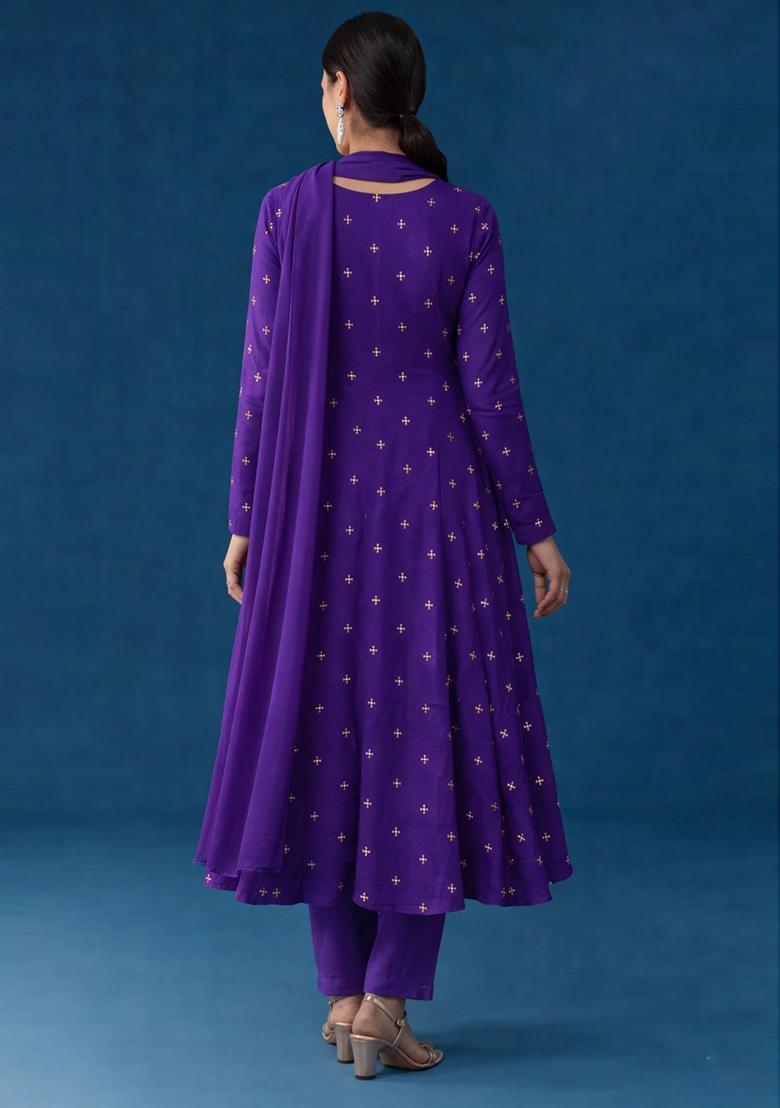 Royal Purple Embroidery Orgenza Anarkali Set - Indya