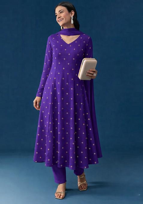 Royal Purple Embroidery Orgenza Anarkali Set