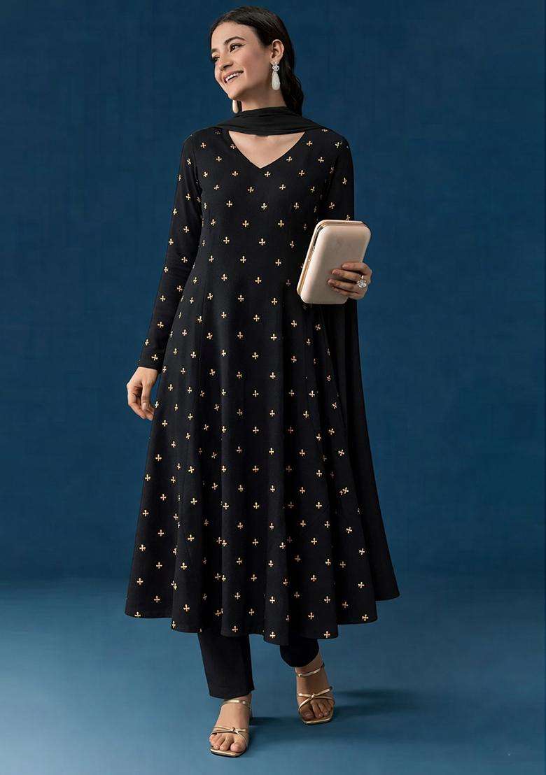 Black Embroidery Orgenza Anarkali Set - Indya