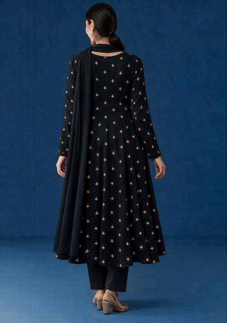 Black Embroidery Orgenza Anarkali Set - Indya