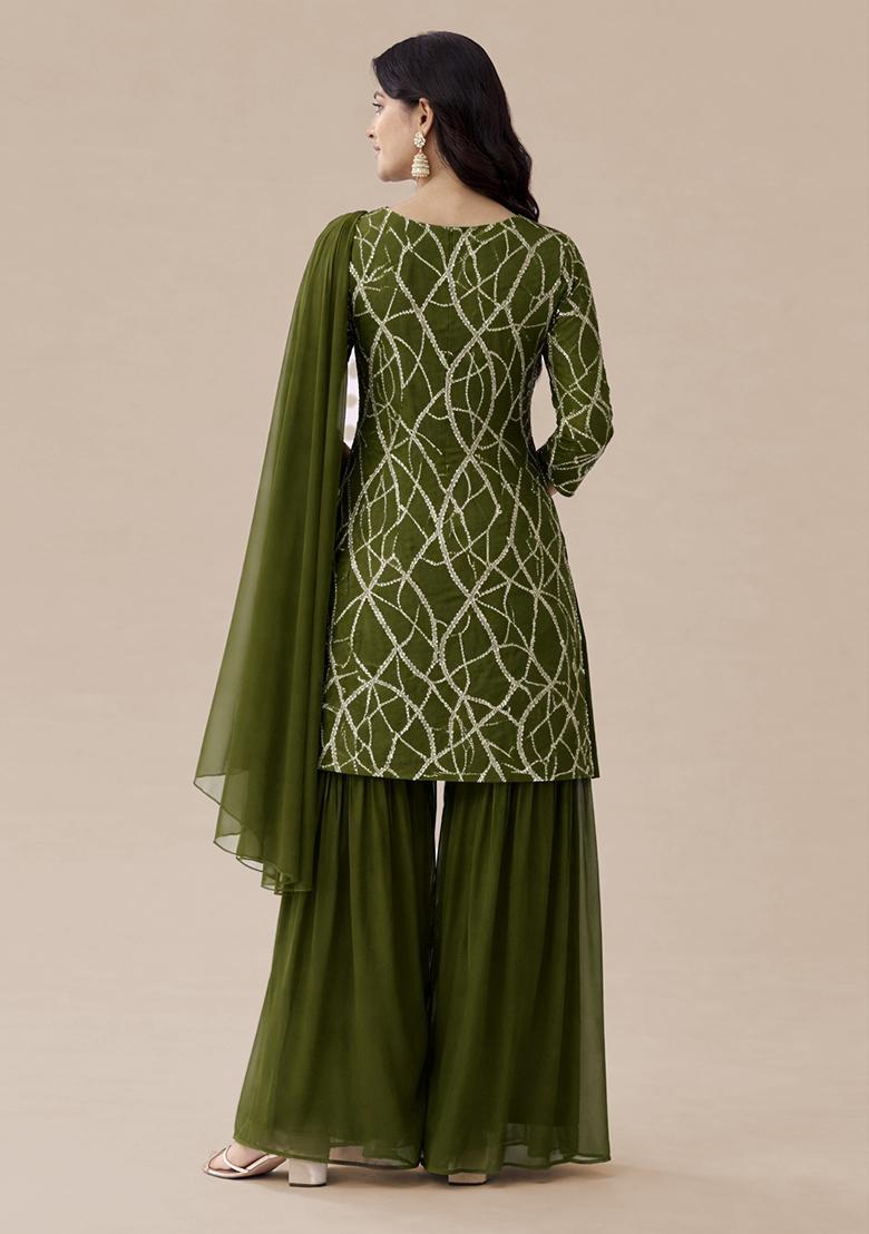 Olive Green Sequence embroidery Georgette Sharara Set - Indya