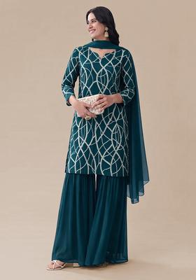 Teal Blue Sequence embroidery Georgette Sharara Set