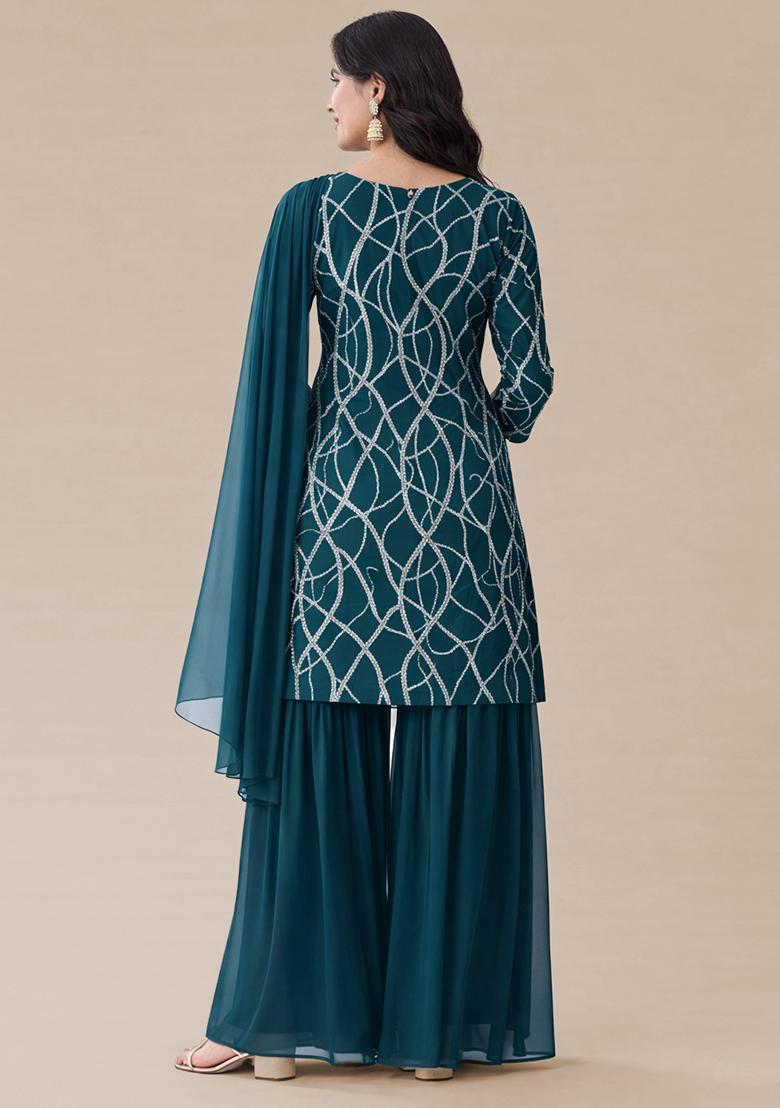 Teal Blue Sequence embroidery Georgette Sharara Set - Indya