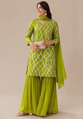 Lime Green Sequence embroidery Georgette Sharara Set