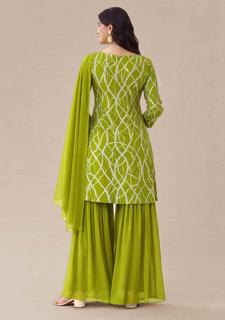 Lime Green Sequence embroidery Georgette Sharara Set - Indya