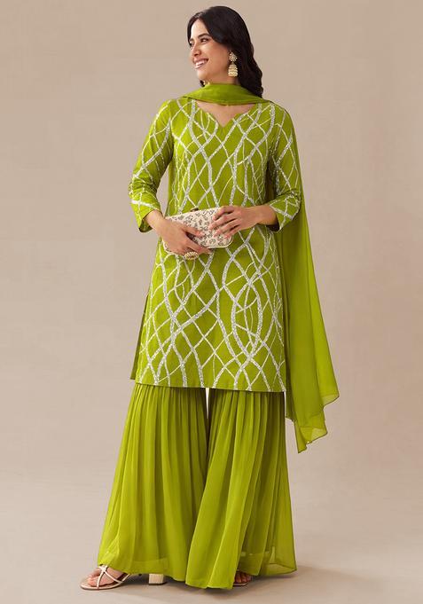 Lime Green Sequence embroidery Georgette Sharara Set