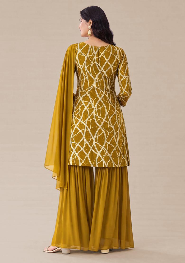 Mustard Sequence embroidery Georgette Sharara Set - Indya