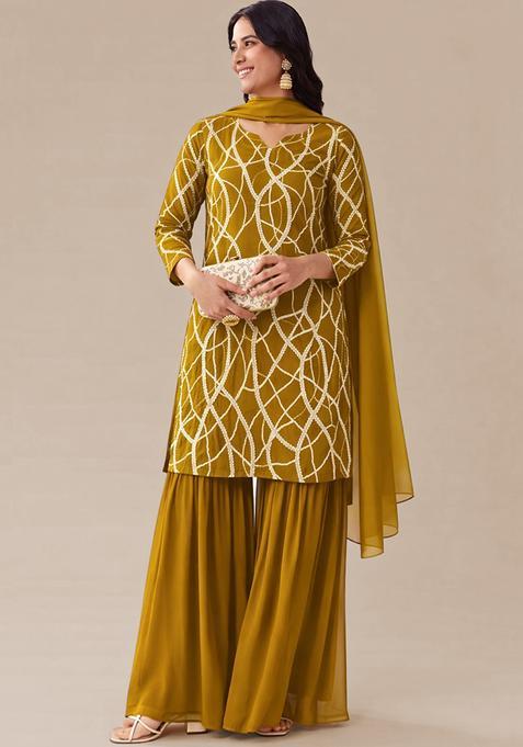 Mustard Sequence embroidery Georgette Sharara Set