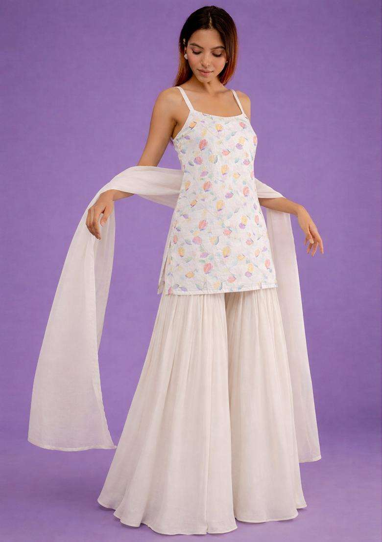 Ivory Jacquard Georgette Sharara Set - Indya