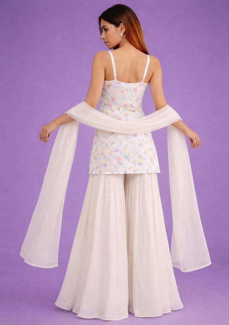 Ivory Jacquard Georgette Sharara Set - Indya
