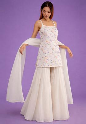 Off White Jacquard Georgette Sharara Set